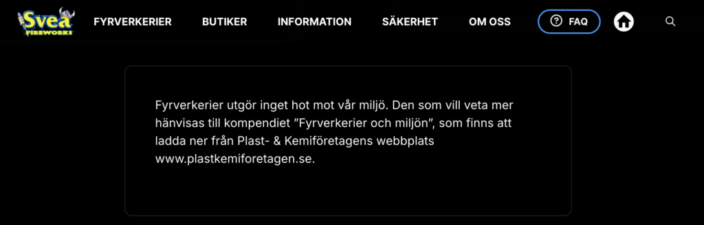 Skärmdump som visar Svea Fireworks missvisande information om deras fyrverkeriers negativa påverkan på miljön.